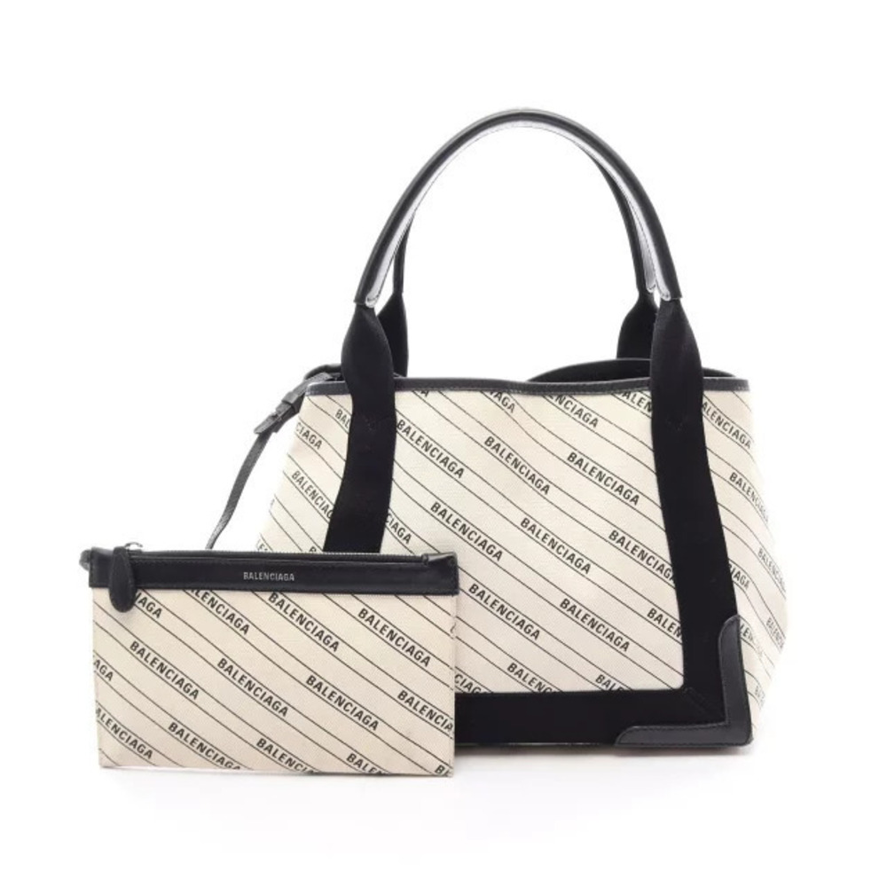Balenciaga Navy Blue CABAS Tote Bag Canvas Leather Ivory White Black